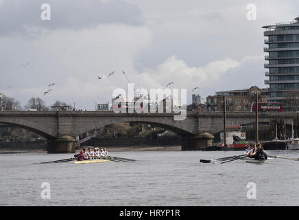 London, UK. 5. März 2016. Regatta-Befestigung. Oxford University Boat Club V ASR Nereus aus Holland. Als Vorbereitung für die The Cancer Research UK. 5. März 2017. Boot Rennen, Oxford und Cambridge Vereine teilnehmen, in einer Reihe von Vorrichtungen gegen andere Vereine. Crew-Liste:-OUBC blaues Boot: 8 Vassilis Ragoussis (Schlaganfall), 7 James Cook, 6 Mike DiSanto, 5 Olivier Erwachsenenklasse 4 Josh Bugajski, 3 Oliver Koch 2 1 William Warr (Bow), Sam Collier (Cox), Matthew O'Leary, Credit: Duncan Grove/Alamy Live News Stockfoto