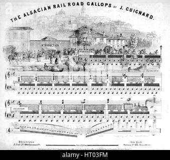 Titelbild der Noten des Liedes "The elsässische Eisenbahn Galoppaden (1) Einführung (der Zug ist in Bewegung); (2) von Straßburg nach Schelestadt; (3) von Schelestadt nach Colmar; (3) von Colmar, Müllhausen; (4) Finale ", mit ursprünglichen Autorschaft Noten lesen 'von J Guignard", USA, 1845. Der Verlag als "A. Fiot, No.196 Chesnut St." aufgeführt ist, ist die Form der Komposition "Schnitt; programmatische Anmerkungen und Abbildungen auf der Titelseite (z. B. Rauch und Zischen der Lokomotive).', die Instrumentierung ist "Klavier", die erste Zeile lautet "Keine" und der Abbildung Künstler ist Lis Stockfoto