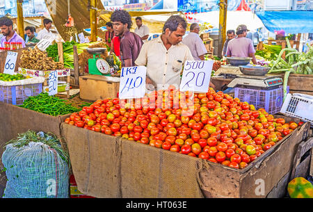 COLOMBO, SRI LANKA - 6. Dezember 2016: der Haufen von leckeren roten Tomaten auf dem Tresen der pflanzlichen Stall im Fose Markt in Pettah, am 6. Dezember in Colo Stockfoto