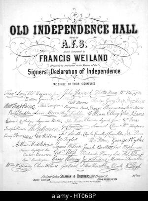 Noten-Cover-Bild des Liedes "Old Independence Hall", mit ursprünglichen Autorschaft Noten lesen "Worte von AFS Musik komponiert von Francis Weiland", USA, 1855. Der Verlag als "Stayman und Brüder, 210 Chesnut St." aufgeführt ist, die Form der Komposition ist "strophische mit Chor", die Instrumentierung ist "Klavier und Gesang (Solo und Satb Chor)", die erste Linie liest 'Lassen Sie andere Palast Kuppel, des tow'r und Wasserschloss Wand sich rühmen', und der Abbildung Künstler ist als "[Faksimile der Unterschriften der Unterzeichner der Unabhängigkeitserklärung] E.McCarthy" aufgeführt. Stockfoto