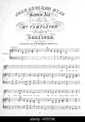 Noten-Cover-Bild des Liedes "John Anderson My Jo Scotch Air", mit ursprünglichen Autorschaft Noten lesen "Arrangiert von Koželuh", USA, 1900. Der Verlag als "F.D Benteen" aufgeführt ist, die Form der Komposition ist "strophische mit Chor", die Instrumentierung ist "Klavier und Stimme", liest die erste Zeile "John Anderson, meine Jo, John, als Natur anfing", und der Abbildung Künstler wird als 'None' aufgeführt. Stockfoto