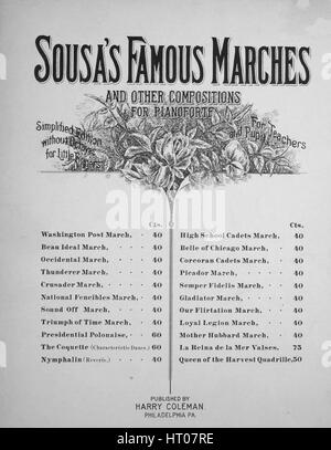 Sheet Music cover Bild des Liedes "Sousa's berühmte Märsche und andere Kompositionen für Pianoforte Beau Ideal März", mit ursprünglichen Autorschaft Noten lesen "Sousa", USA, 1894. Der Verlag als "Harry Coleman" aufgeführt ist, die Form der Komposition ist "Schnitt", die Instrumentierung ist "Klavier", liest die erste Zeile "None" und der Abbildung Künstler als 'None' aufgeführt ist. Stockfoto