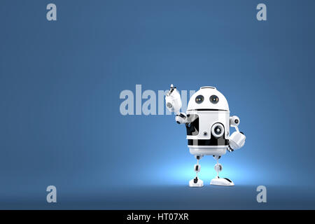 Roboter auf unsichtbares Objekt zeigen. Clipping-Pfad enthält. 3D illustration Stockfoto