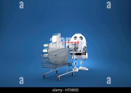 Roboter mit Warenkorb. Clipping-Pfad enthält. 3D Illustration. Stockfoto