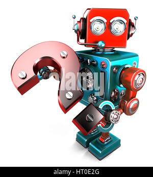 3D Roboter mit Fragezeichen versehen. Isoliert auf weiss. Clipping-Pfad enthält Stockfoto