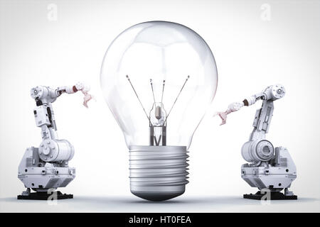 Glühbirne-Erfindung-Konzept mit 3d Rendering Roboterarm und Glühbirne Stockfoto