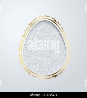 Ostern Grußkarte mit Papier geschnittenen Ei Blumenmuster. Weißer Hintergrund mit goldenen elegante Frohe Ostern-Text um. Stock Vektor