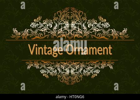 Dekorativer Goldrahmen mit Vintage Ornament, Blumenmuster, Blumen und Schmetterlinge Silhouetten auf schwarzem Hintergrund. Vektor Stock Vektor