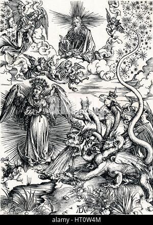 "Die Frau mit der Sonne bekleidet und der siebenköpfige Drache", 1498 (1906). Künstler: Albrecht Dürer. Stockfoto