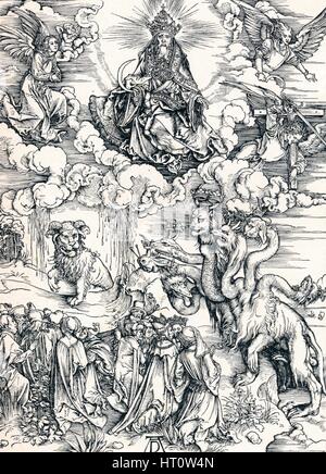 "Das siebenköpfige Tier und das Tier mit Hörnern des Lammes", 1498 (1906).  Künstler: Albrecht Dürer. Stockfoto