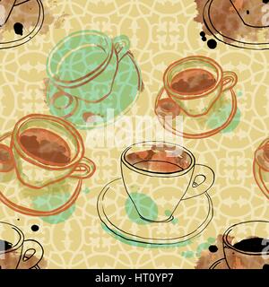 Seamless pattern mit Vektor- und Aquarell Kaffee Zeichnungen Stock Vektor