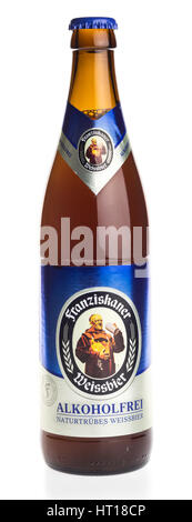 Flasche deutschen Franziskaner alkoholfreies Weißbier, isoliert auf weißem Hintergrund Stockfoto