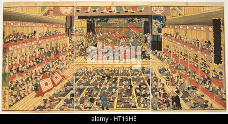 Odori-keiyo Edo-e keine Sakae: Theater Interieur mit Shibaraku Leistung, 1858. Artist: Kunisada (Utagawa Toyokuni III), (1786-1865) Stockfoto