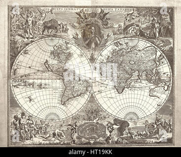 Doppelte Hemisphäre Weltkarte, 1713. Künstler: Kiprianov, Wassili Anufrievich (1669-nach 1723) Stockfoto