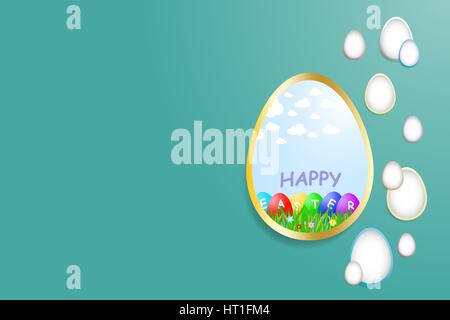 Großes Ei mit gold Rand enthält Bild unter dem Motto Frohe Ostern (Rasen, Wolken, bunten Eiern). Kleineren weißen Eiern mit farbigen Rändern sind auf der rechten Seite Stock Vektor