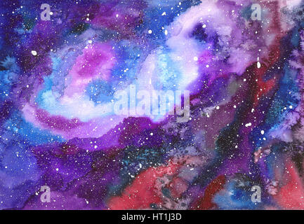 Raum abstrakte handbemalt Aquarell Hintergrund. Hand zu ziehen helle mehrfarbig bemalte Galaxie mit Sternen. Textur des Nachthimmels. Stockfoto