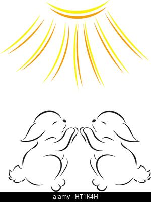 Vektor-Bild-Silhouetten von zwei niedlichen Kaninchen unter strahlender Sonne isoliert auf weißem Hintergrund Stock Vektor