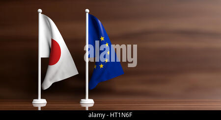 Japan und der Europäischen Union Miniatur-Flaggen auf hölzernen Hintergrund. 3D illustration Stockfoto