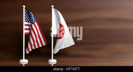 Japan und USA Miniatur-Flaggen auf hölzernen Hintergrund. 3D illustration Stockfoto