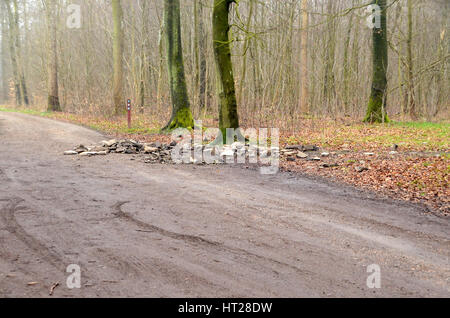 Sonderborg, Dänemark - 6. April 2014: Illegal entsorgt Bauschutt in der Natur, appearently aus einer Wand, die abgerissen wurde. Stockfoto