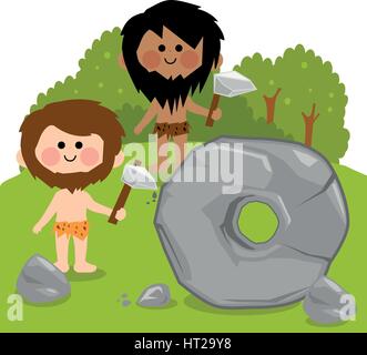 Cartoon-Höhlenmenschen schnitzen einen großen Stein und bauen ein Rad. Erste Raderfindungen und primitive Menschen. Vektorabbildung Stock Vektor