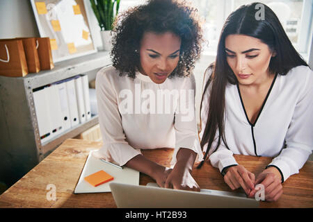 Zwei fleißige junge Unternehmerinnen arbeiten gemeinsam an einem Laptop-Computer lesen am Bildschirm mit schweren vertieft ausdrücken, hoher Winkel vie Stockfoto