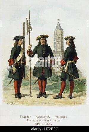 Kleiden Sie Uniformen des Preobraschenskij-Regiments im Jahre 1695-1700, 1901-1904. Künstler: Karl der große, Adolf (1826-1901) Stockfoto