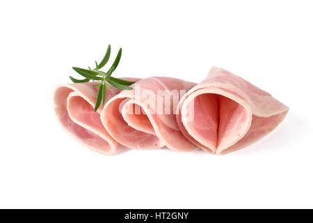 In Scheiben geschnitten bayerischen Schinkenwurst mit Rosmarin auf weißem Hintergrund Stockfoto