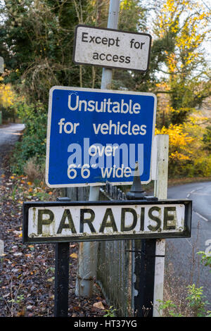 Paradies-Zeichen in Coalbrookdale, Shropshire, England. Stockfoto