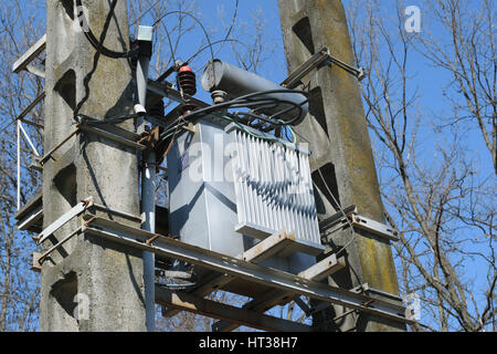 Detail der Hochspannung Transformator montiert auf zwei Betonmasten in Wald - Frühling Stockfoto