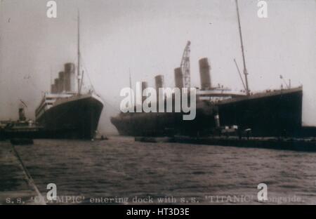 "S.S"Olympic"entering Dock mit S.S 'Titanic' neben', 1912. Künstler: unbekannt. Stockfoto