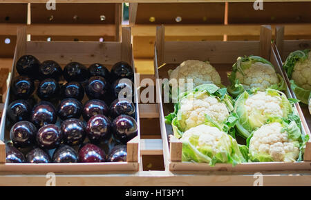 Auberginen und Blumenkohl in Kisten auf dem Food Festival angezeigt. Stockfoto