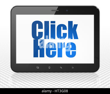 Web-Design-Konzept: Tablet-Pc-Computer mit Klicken Sie hier auf dem Display Stockfoto