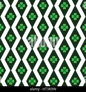 Grünen Klee mit vier Blättern. Sprig gegen dunkle Raute. St. Patricks Day Geometrie Musterdesign. Vektor aneinander Gestaltungselement. Stock Vektor