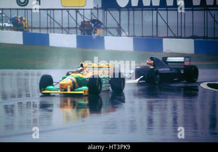 Benetton B193A Michael Schumacher und K.Wendlinger Sauber Ilmor 1993 Euro GP in Donington Künstler: unbekannt. Stockfoto