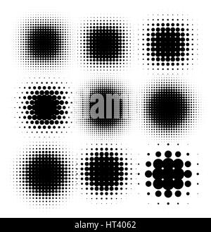 Isolierte schwarze Farbe abstrakte Rundform Halbton punktiert Logo Set, Punkte-dekorative Elemente-Sammlung-Vektor-illustration Stock Vektor
