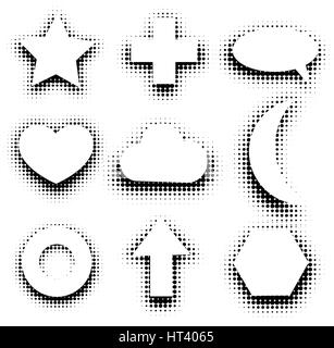 Isolierte schwarze und weiße Farbe Abstract gepunktete Kontur Icons Set, einfache flache Stern, Kreuz, Sprechblase, Herz, Wolke, Mond, Kreis, Pfeil, Sechseck-Zeichen-Sammlung-Vektor-illustration Stock Vektor