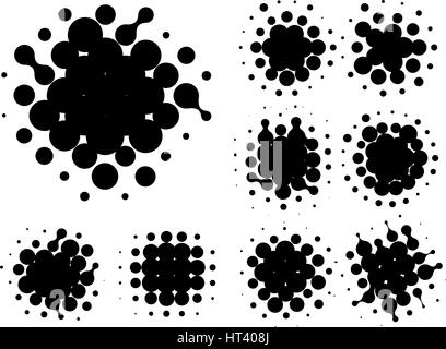 Isolierte schwarze Farbe abstrakte Rundform Halbton punktiert Logo Set, Punkte-dekorative Elemente-Sammlung-Vektor-illustration Stock Vektor