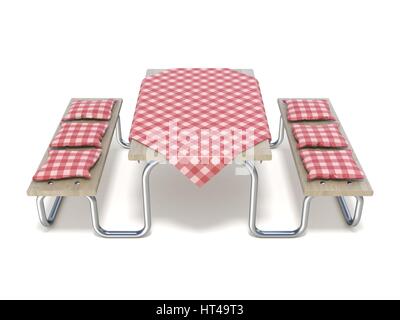 Picknick-Tisch mit roten Tisch decken und Kissen. 3D-Render Abbildung isoliert auf weißem Hintergrund Stockfoto