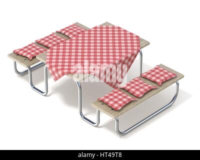 Picknick-Tisch mit roten Tisch decken und Kissen. 3D-Render Abbildung isoliert auf weißem Hintergrund Stockfoto