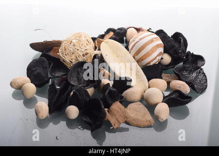 Auswahl an Trockenblumen, verschiedene Pflanzen und Kräuter auf grauem Hintergrund Stockfoto