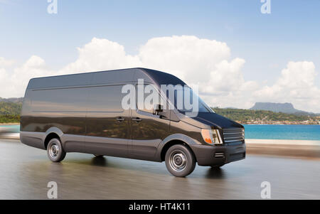 Schwarzen kommerziellen Van auf der Küstenstraße Bewegung verwischt 3d Illustration Konzept Stockfoto