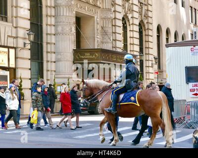 NYPD montiert Offiziere, die Fifth Avenue, die Fußgänger. Manhattan, New York City, New York, USA. Stockfoto