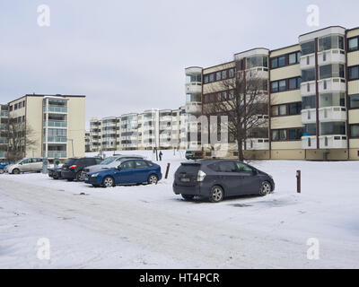 Wohnviertel Lørenskog Akershus Norwegen, am Stadtrand von der norwegischen Hauptstadt, Wohnblocks in pendeln Entfernung von Oslo Stockfoto