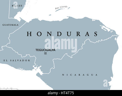 Honduras politische Karte mit Hauptstadt Tegucigalpa, nationale Grenzen und Nachbarn. Republik und Land in Mittelamerika. Spanisches Honduras. Graue illus Stockfoto