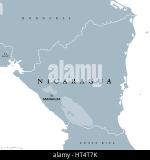 Nicaragua politische Karte mit Hauptstadt Managua, nationale Grenzen und Nachbarn. Republik und Land in Mittelamerika Landenge. Stockfoto