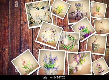 Haufen von Vintage Bilder mit Blumenschmuck Thema auf braunem Holz Hintergrund gedruckt. Stockfoto