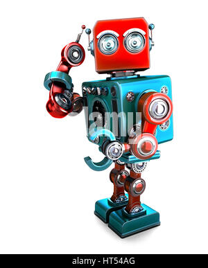 Niedliche 3D Retro Roboter mit Handy Tube. 3D Illustration. Isoliert. Clipping-Pfad enthält. Stockfoto