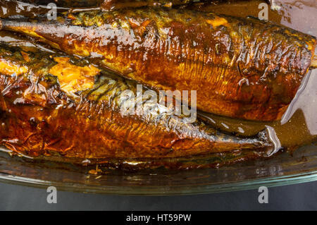 Makrele in Marinade, gebacken in einem Glasbehälter Stockfoto