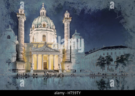 Karlskirche oder St. Charles Kirche - eine der berühmten Kirchen in Wien, Österreich. Moderne Malerei. Gebürstete Kunstwerk basierend auf Foto. Hintergrundtextur. Stockfoto